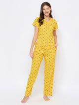 Women's Yellow Cotton Printed Half Sleeves Night Suit