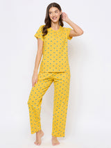 Women's Yellow Cotton Printed Half Sleeves Night Suit