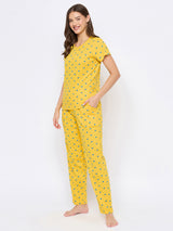 Women's Yellow Cotton Printed Half Sleeves Night Suit