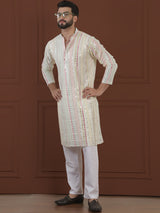 Men's White Full Sleeves Embroidered Straight Kurta