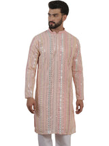 Men's Pink Full Sleeves Embroidered Straight Kurta