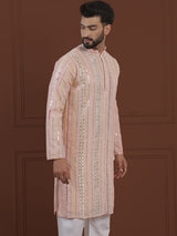Men's Pink Full Sleeves Embroidered Straight Kurta