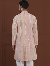 Men's Pink Full Sleeves Embroidered Straight Kurta