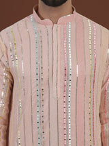 Men's Pink Full Sleeves Embroidered Straight Kurta