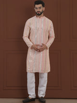 Men's Pink Full Sleeves Embroidered Straight Kurta
