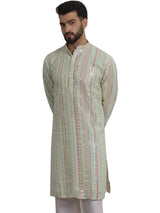 Men's Green Full Sleeves Embroidered Straight Kurta