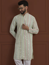 Men's Green Full Sleeves Embroidered Straight Kurta