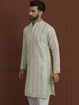 Men's Green Full Sleeves Embroidered Straight Kurta