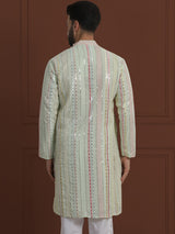 Men's Green Full Sleeves Embroidered Straight Kurta
