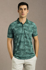 Men's Olive Casual Printed Slim Fit Half Sleeves Polo Tshirt