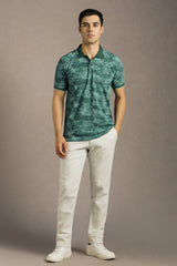 Men's Olive Casual Printed Slim Fit Half Sleeves Polo Tshirt