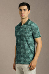 Men's Olive Casual Printed Slim Fit Half Sleeves Polo Tshirt