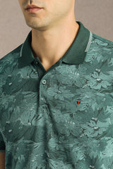 Men's Olive Casual Printed Slim Fit Half Sleeves Polo Tshirt