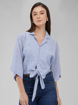 Women's Blue Casual Striped Three Quarter Sleeves Top