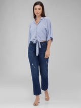 Women's Blue Casual Striped Three Quarter Sleeves Top