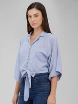 Women's Blue Casual Striped Three Quarter Sleeves Top
