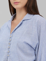 Women's Blue Casual Striped Three Quarter Sleeves Top
