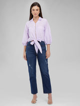 Women's Purple Casual Checked Three Quarter Sleeves Top