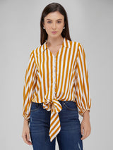 Women's Yellow Casual Striped Three Quarter Sleeves Top