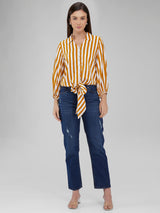 Women's Yellow Casual Striped Three Quarter Sleeves Top