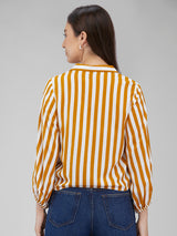 Women's Yellow Casual Striped Three Quarter Sleeves Top