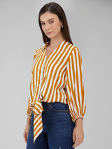 Women's Yellow Casual Striped Three Quarter Sleeves Top
