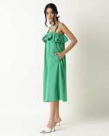 Women's Shallow Green Broad Shoulder Straps Ruffled Square Neck with Pockets Midi Dress