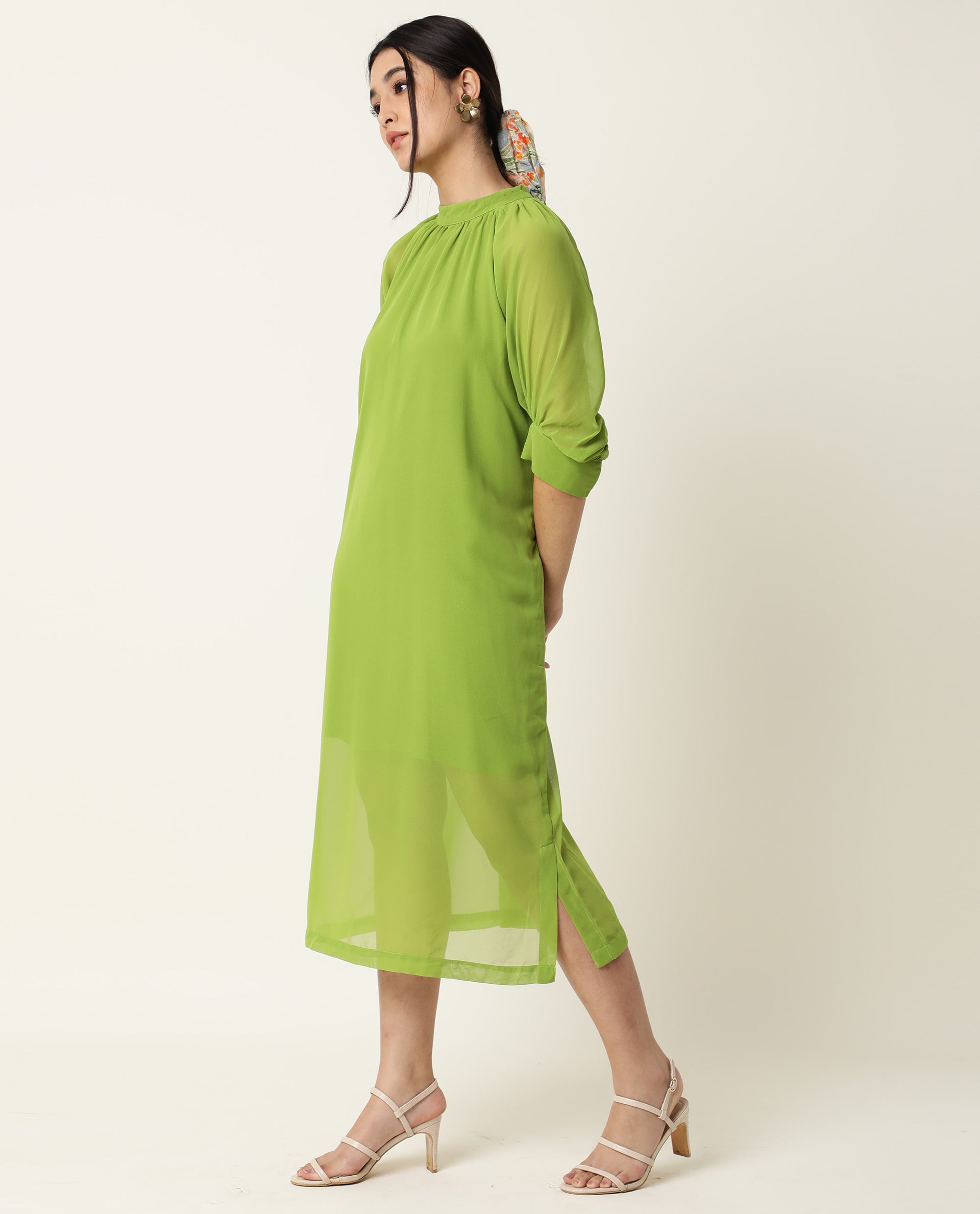 Women's Frag Green High Collared Neck With Gathers Short Sleeves With Cuff Back Button Closure Midi Dress