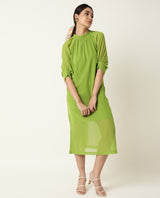 Women's Frag Green High Collared Neck With Gathers Short Sleeves With Cuff Back Button Closure Midi Dress