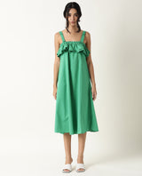 Women's Shallow Green Broad Shoulder Straps Ruffled Square Neck with Pockets Midi Dress