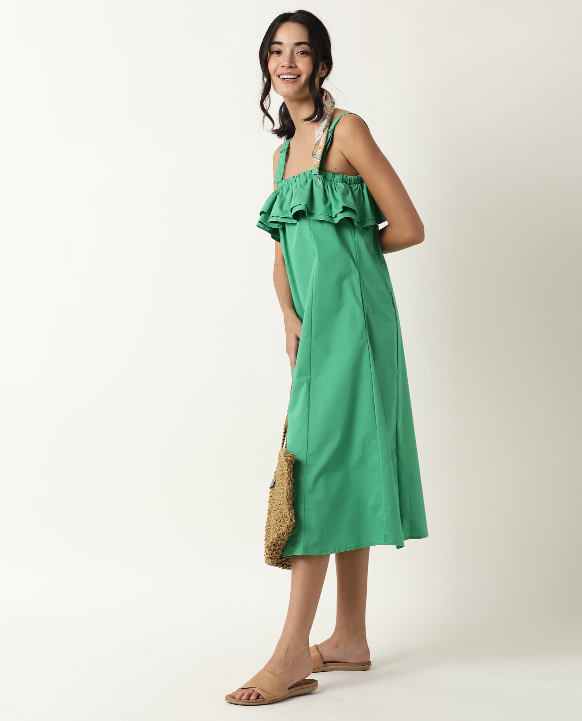 Women's Shallow Green Broad Shoulder Straps Ruffled Square Neck with Pockets Midi Dress
