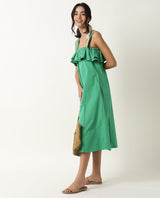 Women's Shallow Green Broad Shoulder Straps Ruffled Square Neck with Pockets Midi Dress
