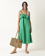 Women's Shallow Green Broad Shoulder Straps Ruffled Square Neck with Pockets Midi Dress