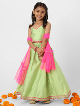 Girls Green Printed Sleeveless Lehenga Set with Dupatta