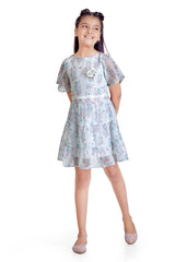 Girls Blue Casual Round Neck Above Knee Printed Half Sleeves Dress