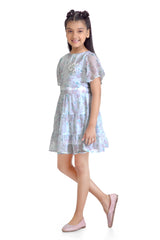 Girls Blue Casual Round Neck Above Knee Printed Half Sleeves Dress
