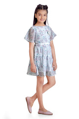 Girls Blue Casual Round Neck Above Knee Printed Half Sleeves Dress