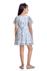 Girls Blue Casual Round Neck Above Knee Printed Half Sleeves Dress