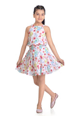 Girls Pink Casual Round Neck Above Knee Printed Sleeveless Dress