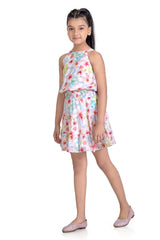 Girls Pink Casual Round Neck Above Knee Printed Sleeveless Dress