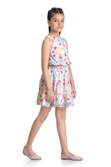 Girls Pink Casual Round Neck Above Knee Printed Sleeveless Dress