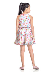 Girls Pink Casual Round Neck Above Knee Printed Sleeveless Dress
