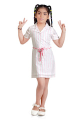 Girls Pink Casual Shirt Collar Above Knee Striped Half Sleeves Dress