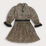 Girls Black Casual A-Line Full Sleeves Leopard Printed Dress