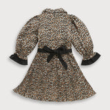 Girls Black Casual A-Line Full Sleeves Leopard Printed Dress
