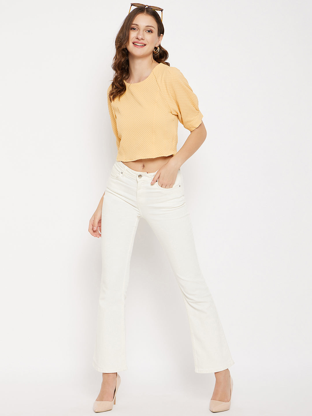 Women's Yellow Casual Regular Fit Solid Half Sleeves Top