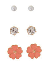 Women's Pink Enamel Flower Stud Earrings - Set of 3