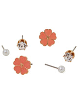 Women's Pink Enamel Flower Stud Earrings - Set of 3