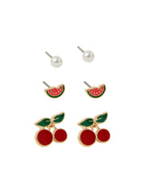 Women's Red Fruity Stud Earrings - Set of 3