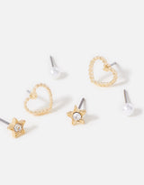 Women's Gold Heart Stud Earring - Set of 3
